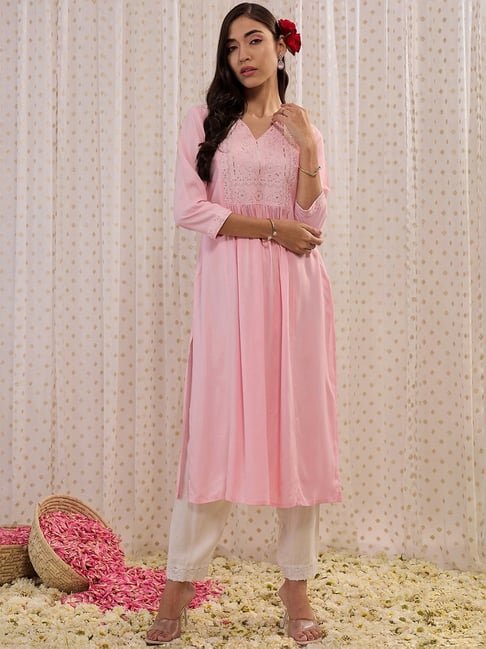 Indo Era Pink Embroidered Straight Kurta-image-34
