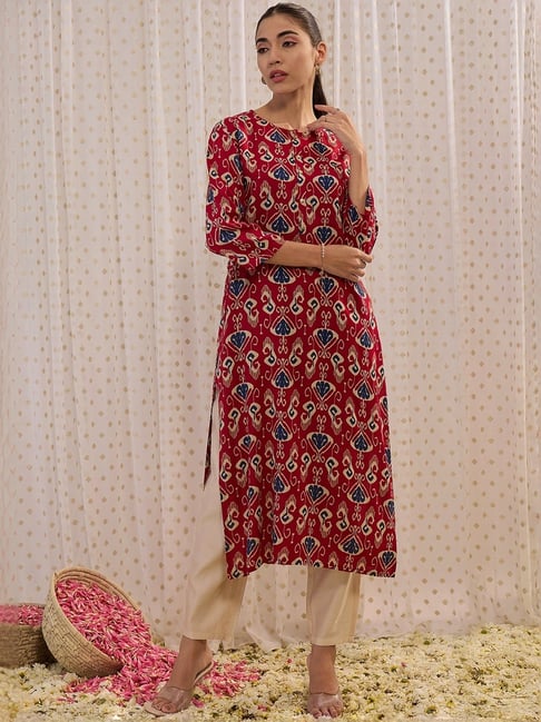 Indo Era Maroon Printed Straight Kurta-image-43