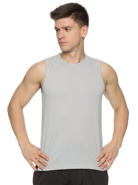 DOMIN8 Men Poly Cotton Blend Slim Fit Breathable Grey Sports Sleeveless  Tank Top - Main Image