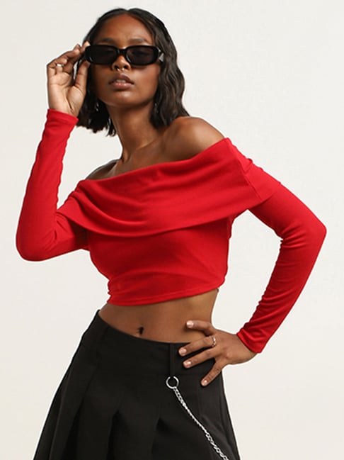 Crop Top Red Blouse Off Shoulder SheIn Ruffle Off Shoulder Crop