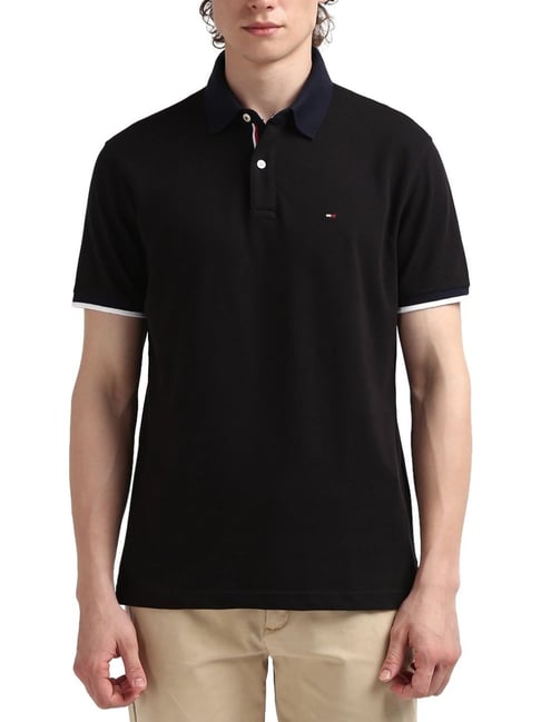 Tommy Hilfiger Black Cotton Regular Fit Polo T-Shirt