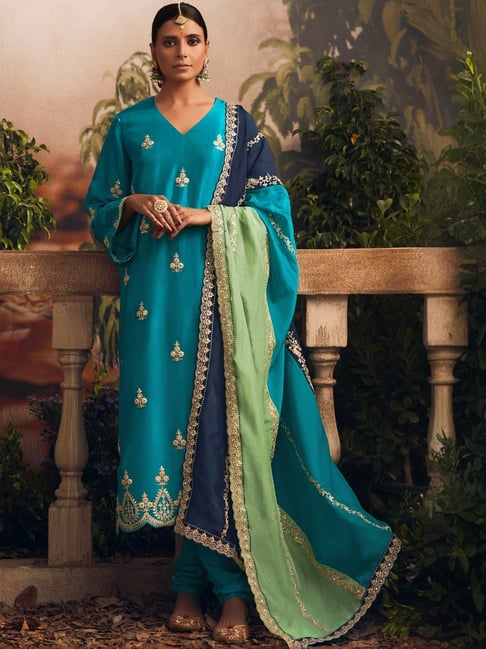 Indo Era Blue Embroidered Kurta Pant Set With Dupatta-image-6