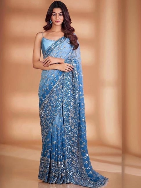 Odette Blue Embroidered Saree With Unstitched Blouse-picture-29