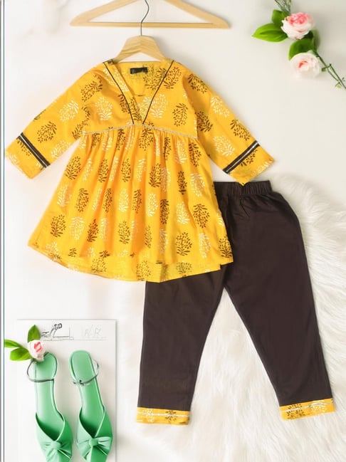 Bella Moda Kids Yellow & Brown Printed Full Sleeves Kurti with Pants-picture-47