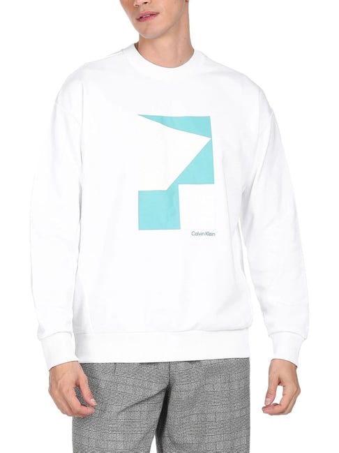 Calvin Klein Bright White Cotton Comfort Fit Printed Sweatshirt
