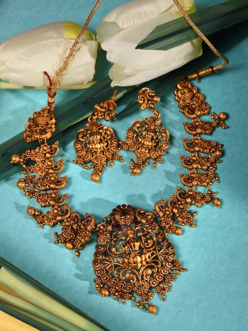 Saraf RS Jewellery Gold-Plated Lakshmi Ji Filigree Antique Necklace  Jewellery Set
