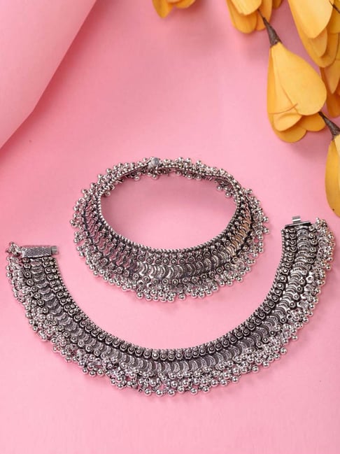 Saraf RS Jewellery Oxidized Silver-Plated Payal Anklets - Set of 2