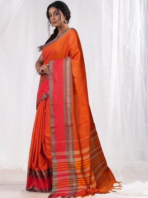Unnati Silks Orange & Red Cotton Woven Saree With Unstitched Blouse-picture-41