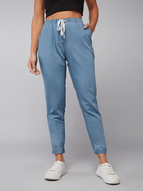 DOLCE CRUDO Light Blue Denim Regular Fit Mid Rise Joggers