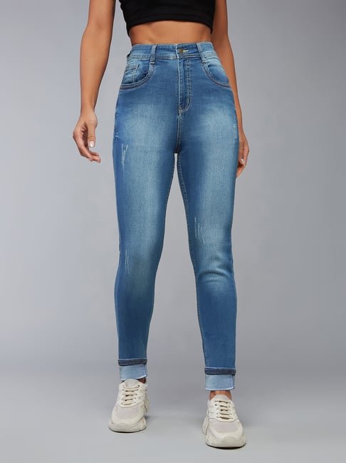 DOLCE CRUDO Blue Denim Distressed High Rise Jeans-picture-12