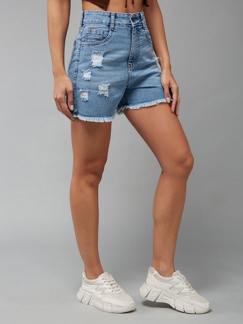 DOLCE CRUDO Light Blue Denim Distressed Mid Rise Shorts