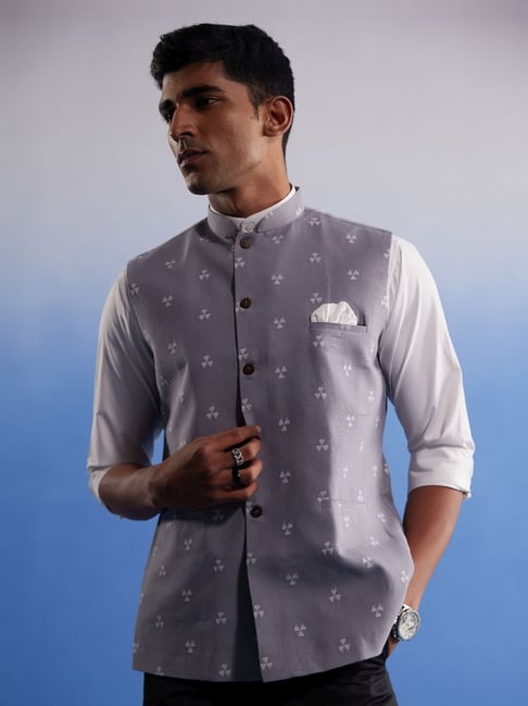 Vastramay Gray Cotton Regular Fit Embroidered Nehru Jacket