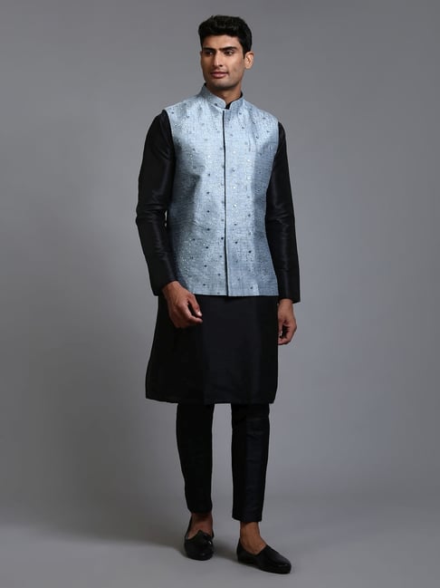 Buy Vastramay Black Blue Kurta Set With Jacket for Mens Online