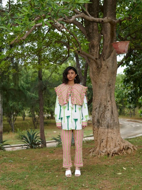 Khajoor Studio Pink & Green Sundaze Doll Striper Pants-picture-36