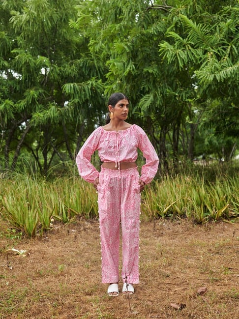 Khajoor Studio Pink & White Sundaze Meadow Smocked Trousers-picture-46