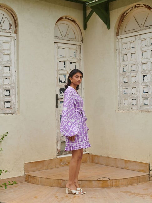 Khajoor Studio Purple White Sundaze Hakuna Matata Ruffle Short Jumpsuit