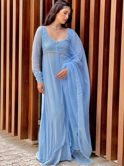 baby blue anarkali dress Light Blue Embroidered Chinon Silk Indian & Pakistani Anarkali Dress, Chinon Silk / SkyBlue / XXL(44)