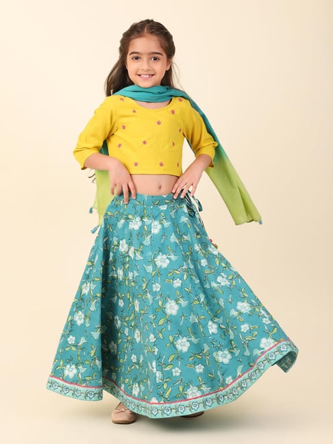 Fabindia Kids Yellow Teal Embroidered Lehenga Choli With Dupatta