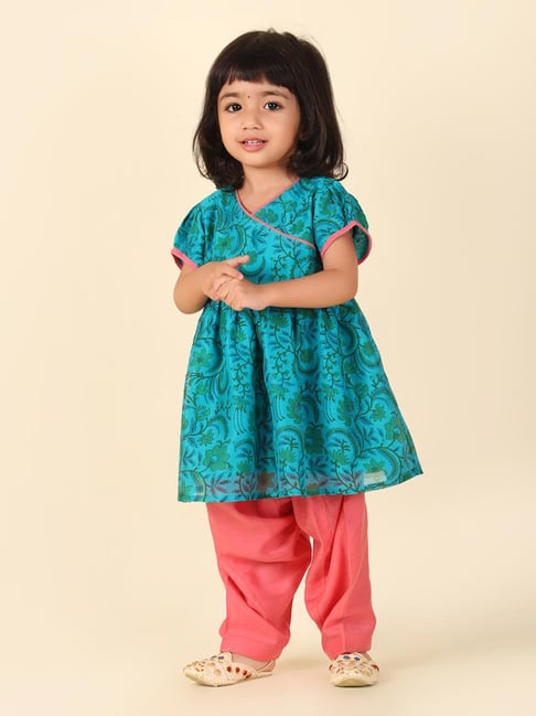 Fabindia Kids Teal & Coral Printed Kurta With Salwar-picture-40