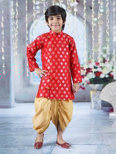 Little Bansi Kids Red Gold Self Design Full Sleeves Sherwani with Dhoti