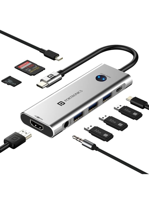 Portronics Mport One USB C Hub 9 in 1 with 4K Type C Charging, Card Reader, 3.5mm AUX (Grey)