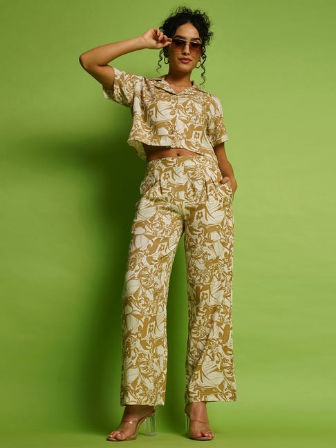 Globus Beige Printed Crop Shirt With Trousers-picture-18