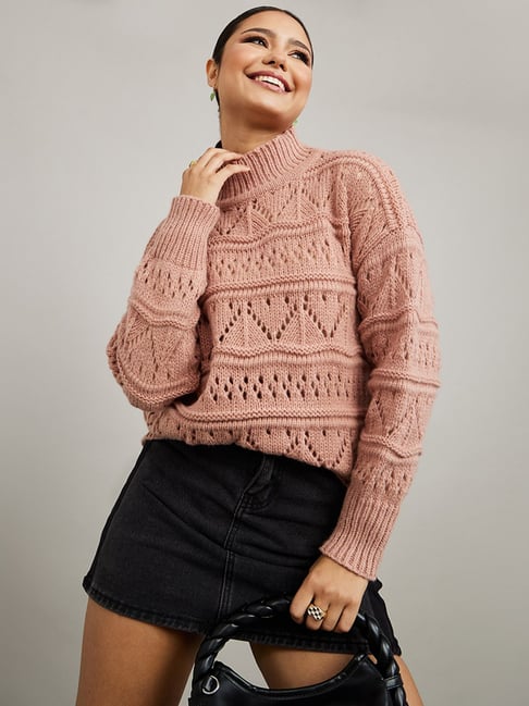 Styli Peach Self Design Oversized Sweater
