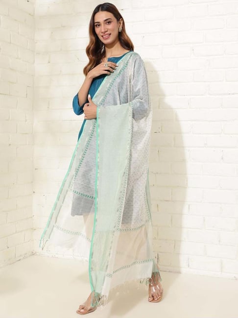 Fabindia White & Green Printed Dupatta-picture-10