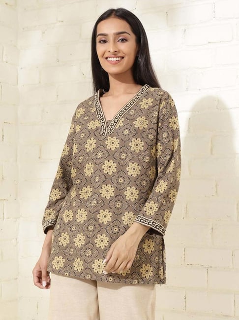 Fabindia Grey Mustard Cotton Printed A Line Short Kurti