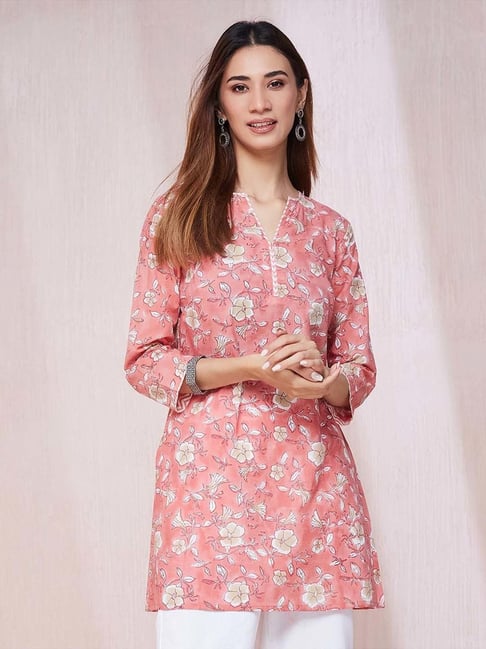 Fabindia Pink Cotton Printed A Line Kurti