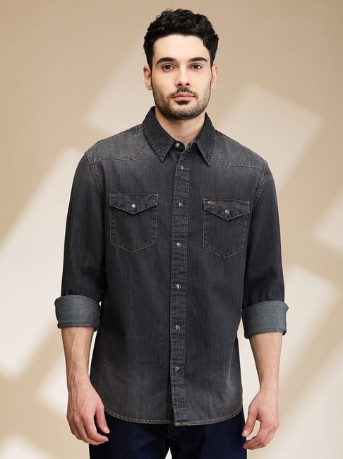 Black Denim Men's Denim Long Sleeve Shirts Being Human Black