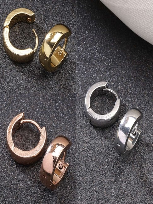 NVR Men Multicolor Rhodium-Plated Stainless Steel Hoop Earrings - Set of 3