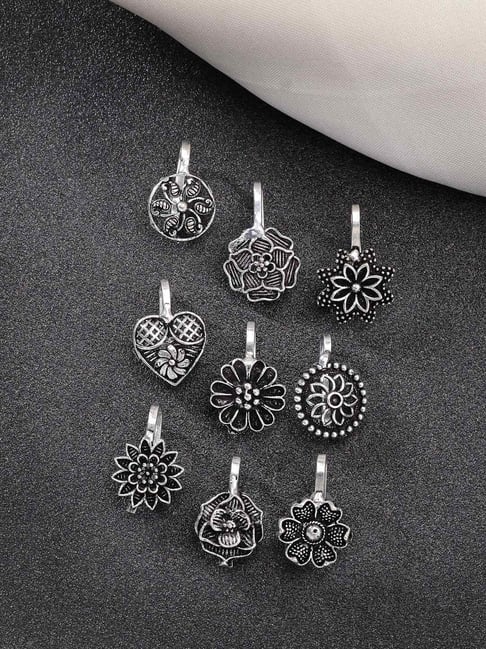 NVR Women Silver-Plated Nose Pins - Set of 9