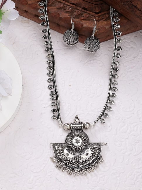 Buy NVR Women Silver-Toned Oxidized Necklace with Jhumki Earrings