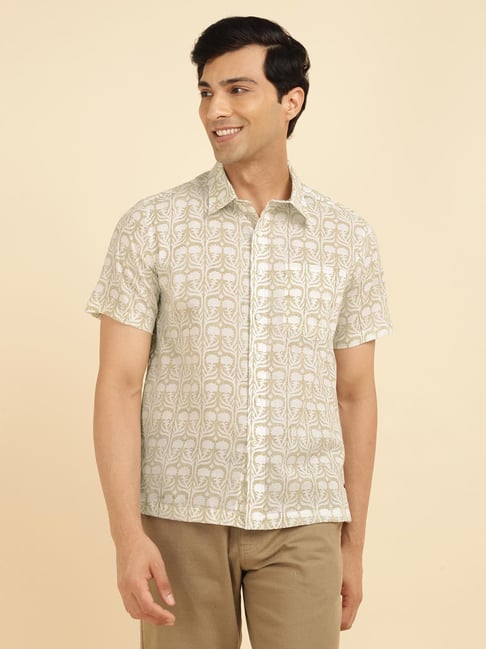 Fabindia White & Light Brown Straight Fit Printed Shirt-picture-35