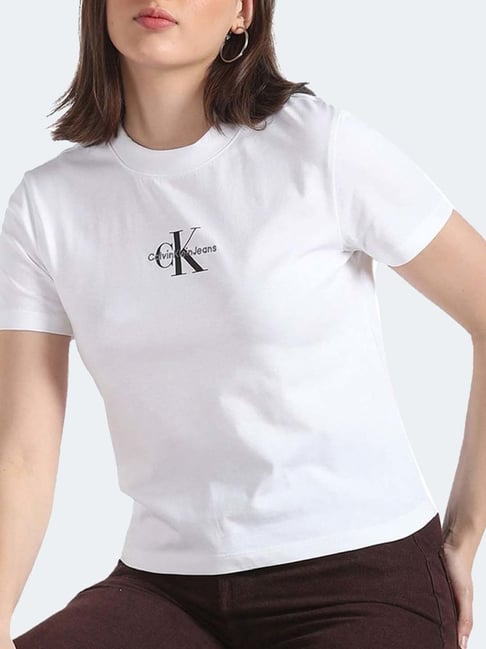 Buy CALVIN KLEIN JEANS Bright White Cotton Logo Print T-Shirt for