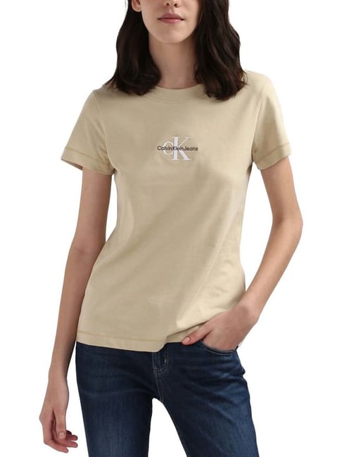 Buy CALVIN KLEIN Pale Khaki Cotton T-Shirt for Women Online Tata