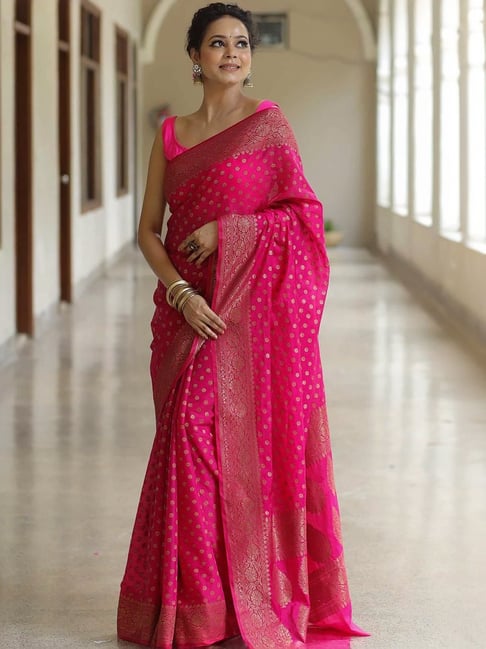 Buy Anjaneya Sarees PInk Silk Woven Saree With Unstitched Blouse