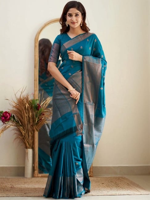 Anjaneya Sarees Teal Blue Silk Woven Saree With Unstitched Blouse-picture-41