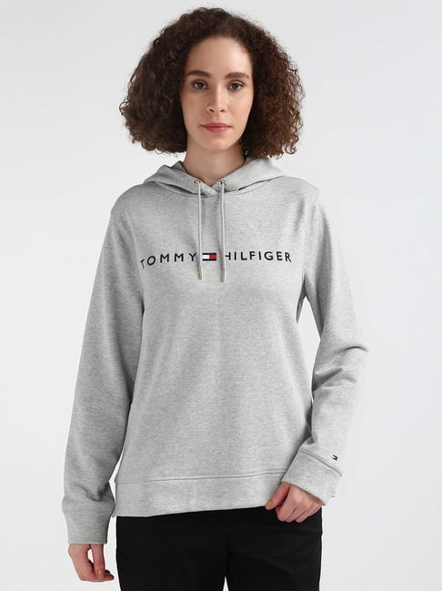 TOMMY HILFIGER Grey Cotton Logo Print Hoodie