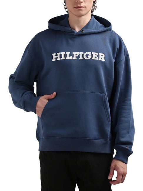 Tommy Hilfiger Mid Blue Regular Fit Printed Hooded Sweatshirt