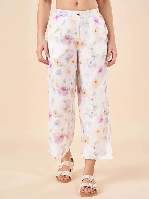 Akkriti by Pantaloons White & Purple Linen Printed Pants-picture-31