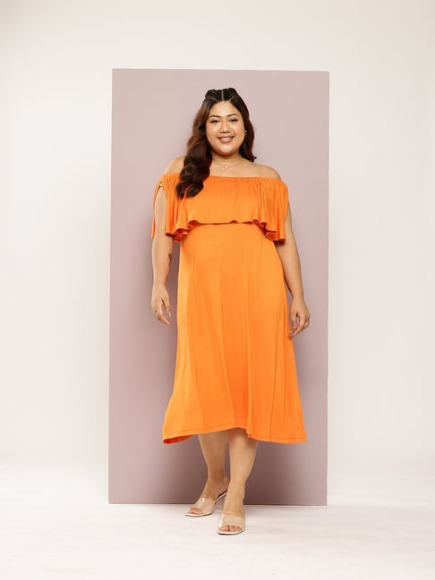 Qurvii Orange Relaxed Fit Midi Dress