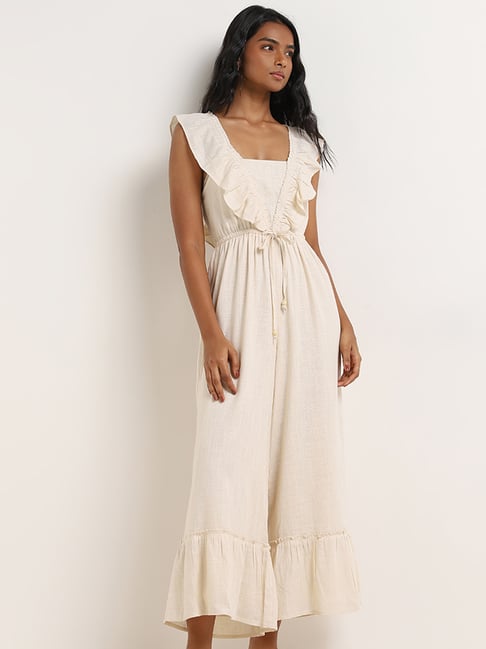 LOV by Westside Beige Ruffle-Detailed Jumpsuit