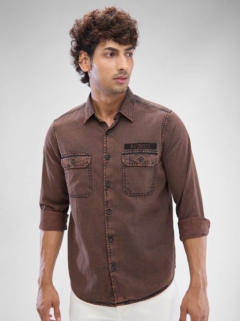 Spykar Brown Slim Fit Denim Shirt
