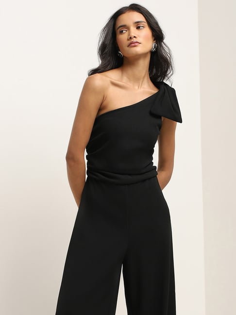 Wardrobe by Westside Black Bow Applique One-Shoulder Jumpsuit