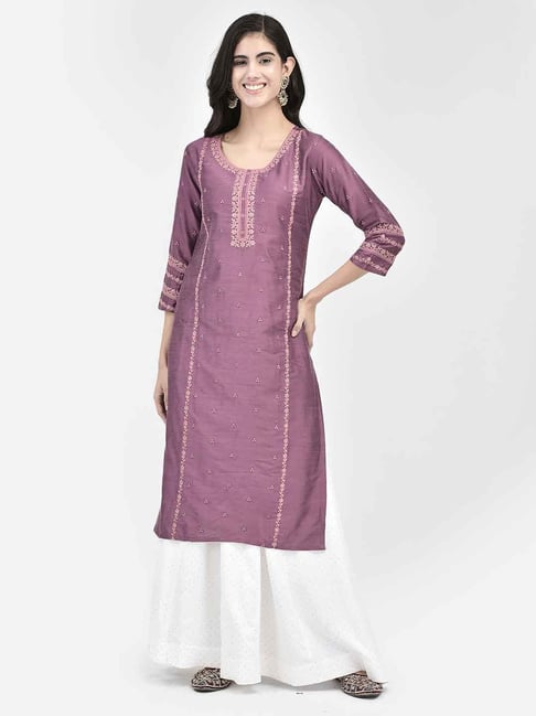 Span Purple Embroidered Straight Kurta-image-37