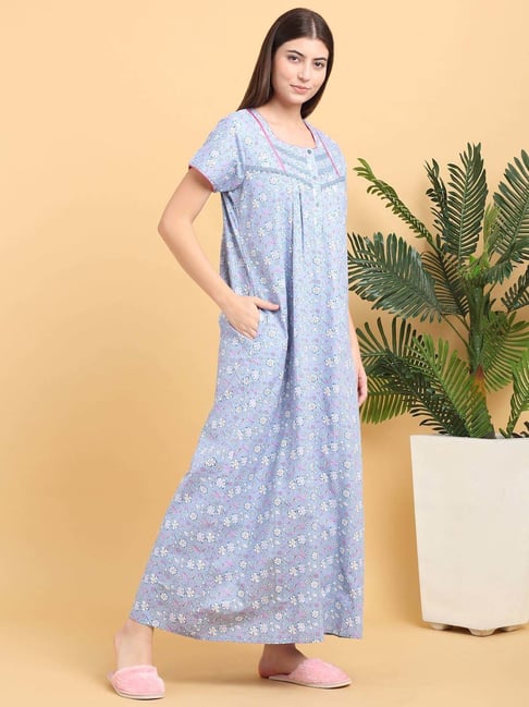 Buy Sweet Dreams Grey Cotton Printed Night Gown for Women Online