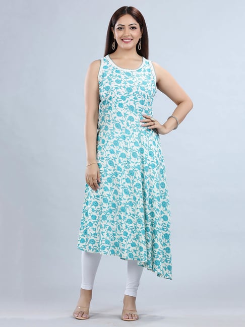 Cotton Culture White & Firozi Printed High Low Kurta-picture-38