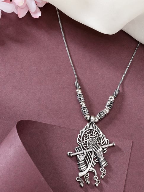 NVR Women Silver-Toned German Silver Oxidized Pendant with Chain